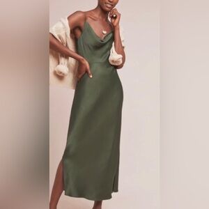 Anthropologie Forest Green Satin Midi Dress